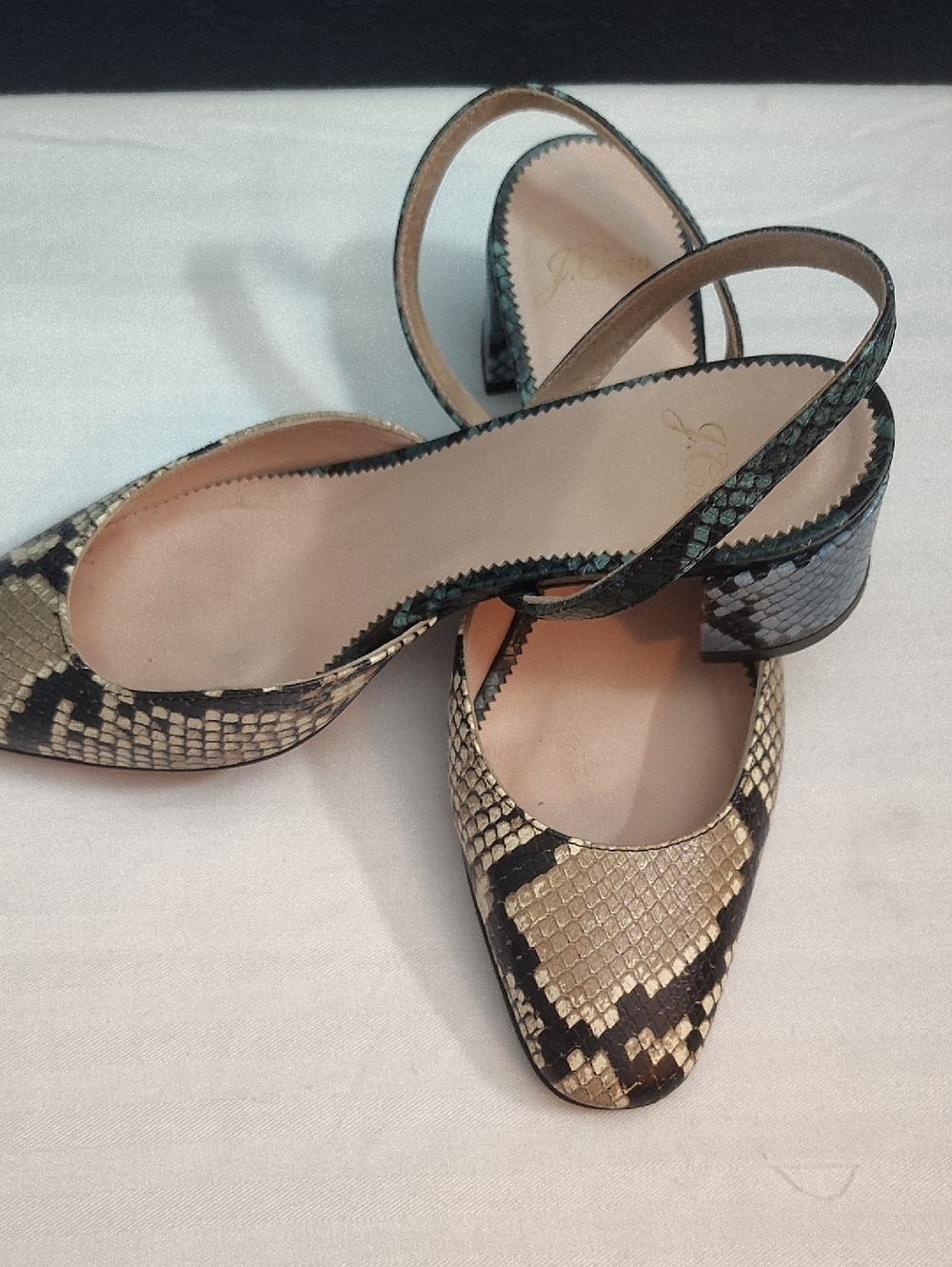 J. Crew Beige and Black Snake-Print Slingback Block Heels